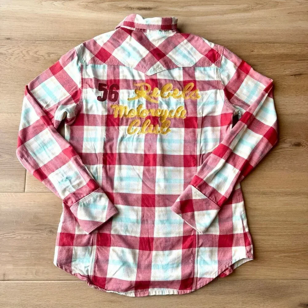 True Religion 56 Rebels Motorcycle Club Pearl Snap Plaid Shirt Red Medium Y2K